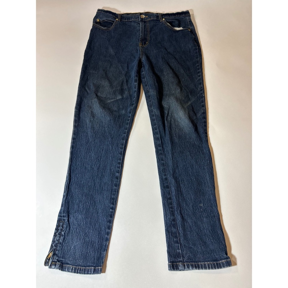 DG2 Diane Gilman Straight Leg Jeans Womens 12 Blue Good Ankle Zip Stretch Denim